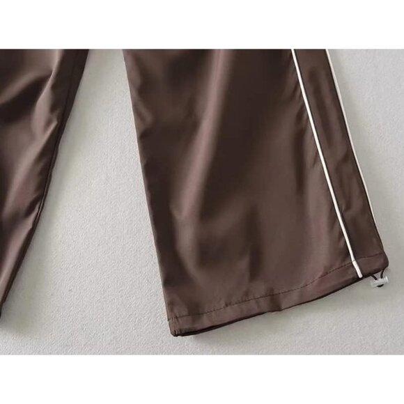 Womens Baggy Y2K Parachute Brown Pants High Waisted Lightweight Streetwear - Picture 3 of 6
